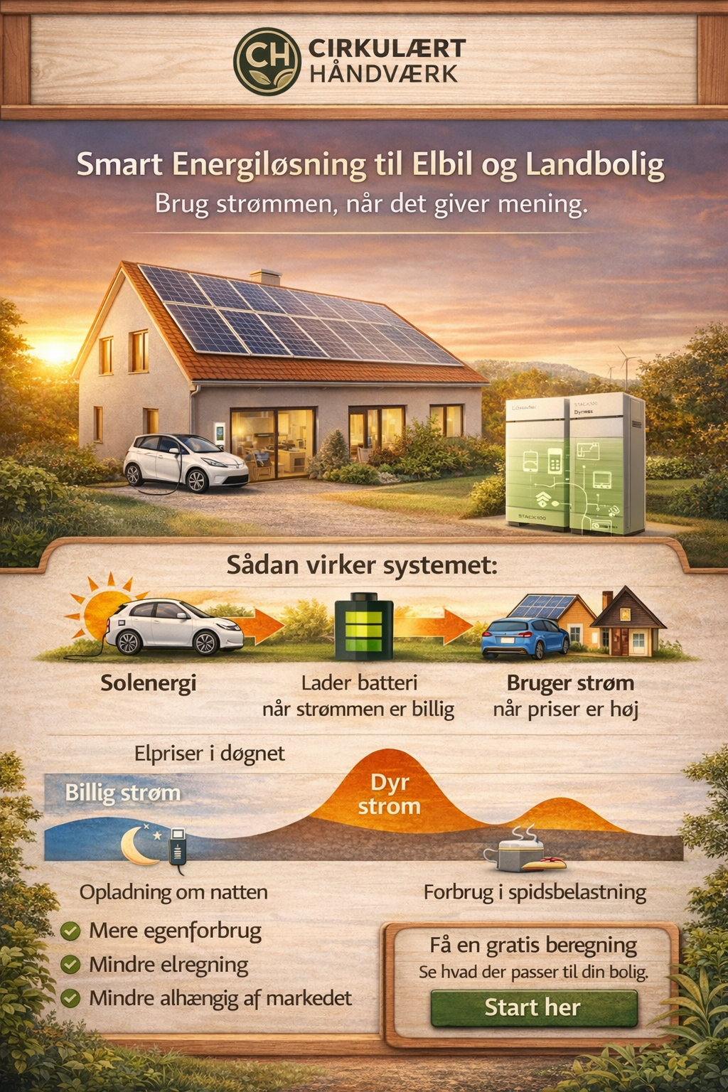 Illustration af solceller, batteri og intelligent energistyring, der viser hvordan energi produceres, lagres og bruges i boliger med elbil og landbolig